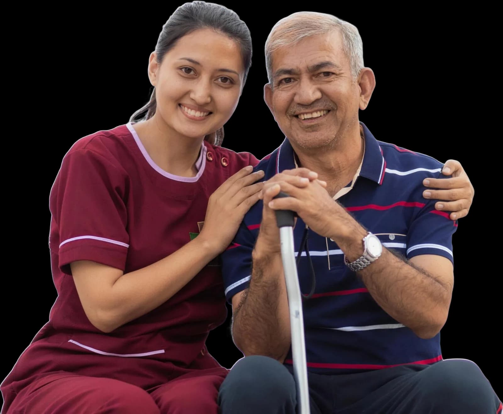 A Naman nurse with her arm around a smiling elderly resident — what drives us