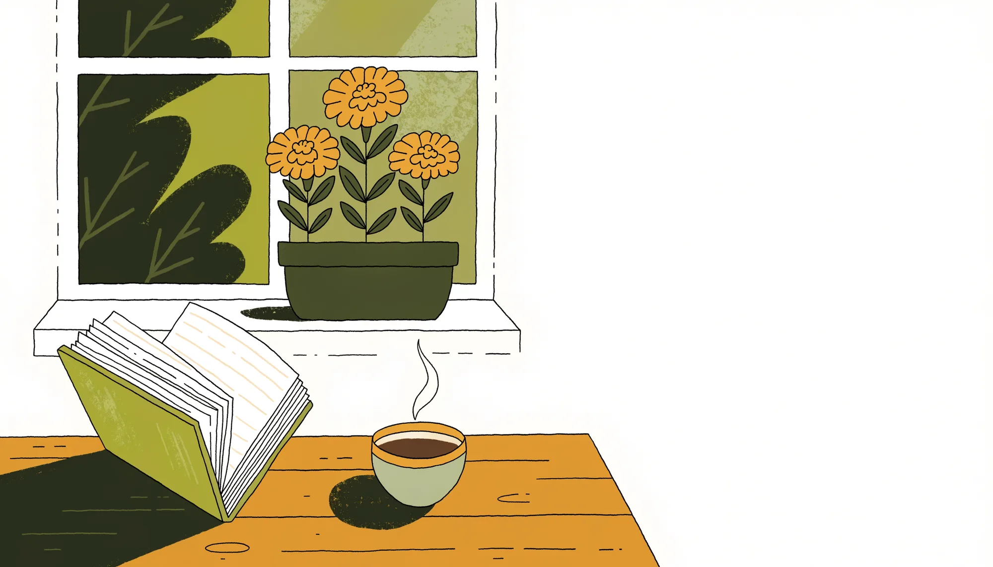 Illustration of an open journal and a cup of tea by a sunlit window with marigolds