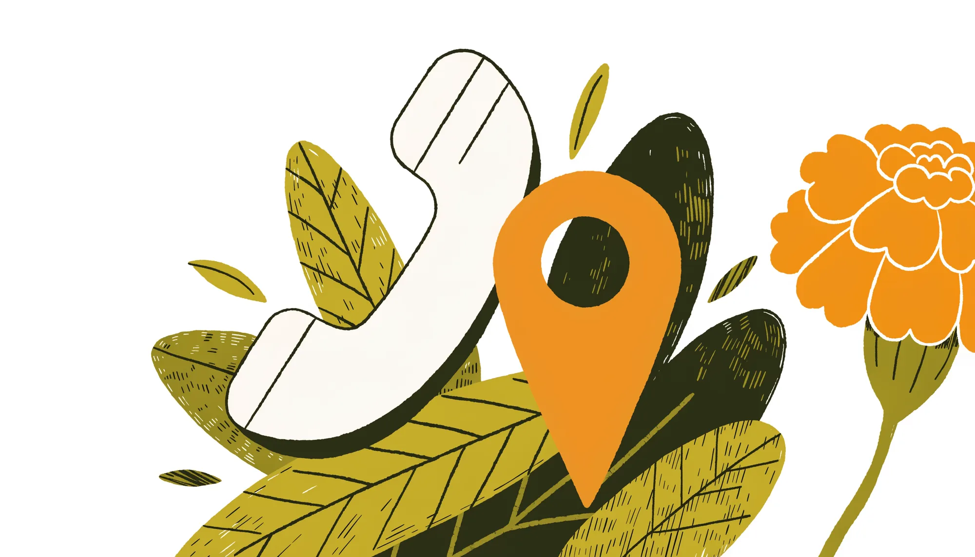 Illustration of a telephone handset and a map location pin among leaves