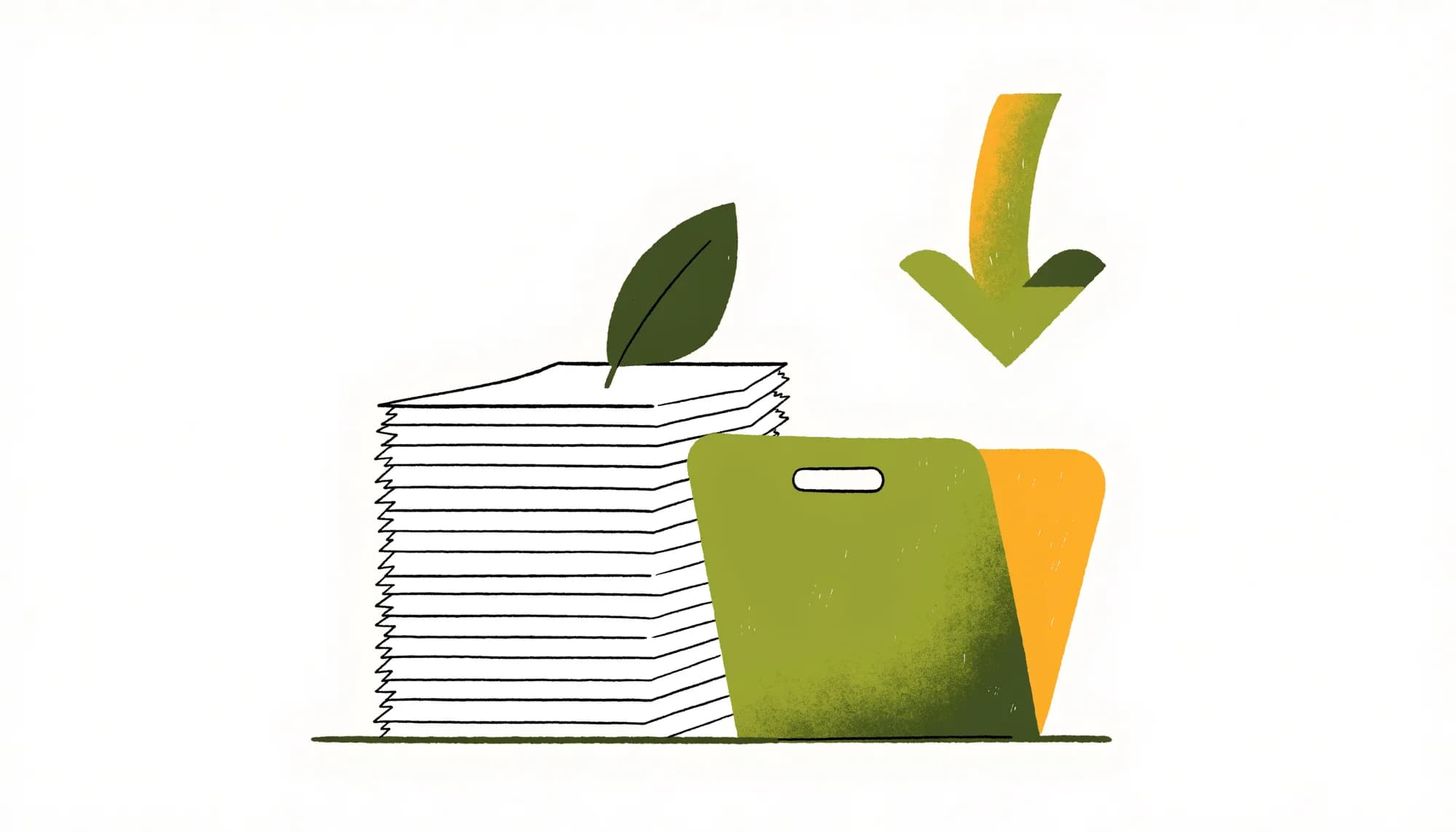 Illustration of a neat stack of documents with a leaf used as a bookmark