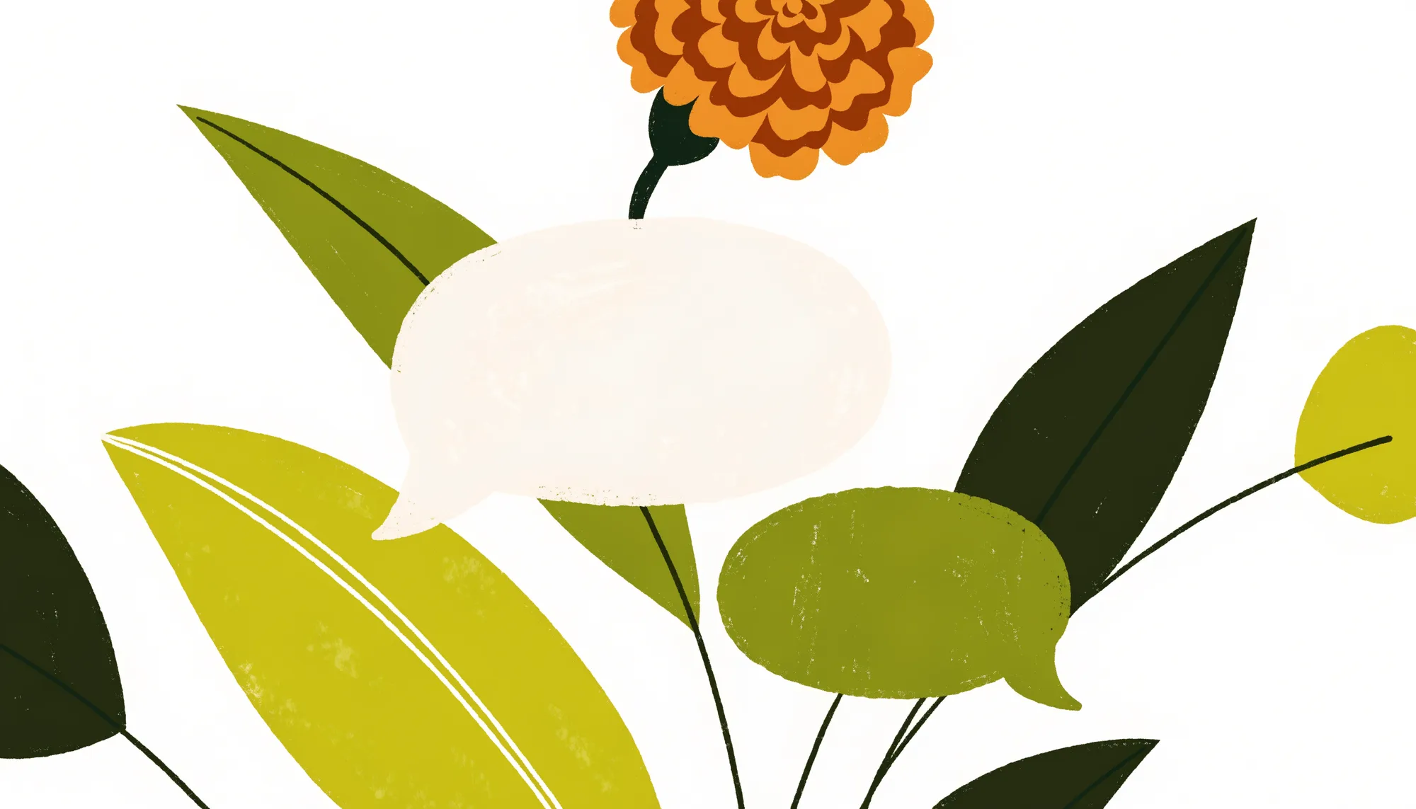 Illustration of two friendly speech bubbles among soft green leaves