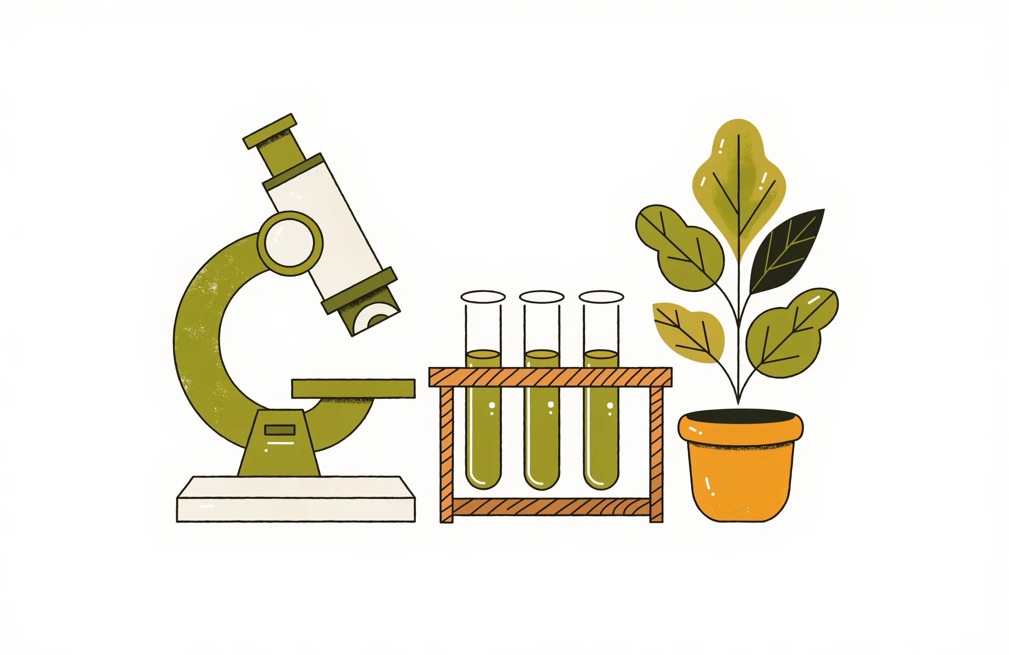 Illustration of a microscope, test tubes and a potted plant — the on-site laboratory