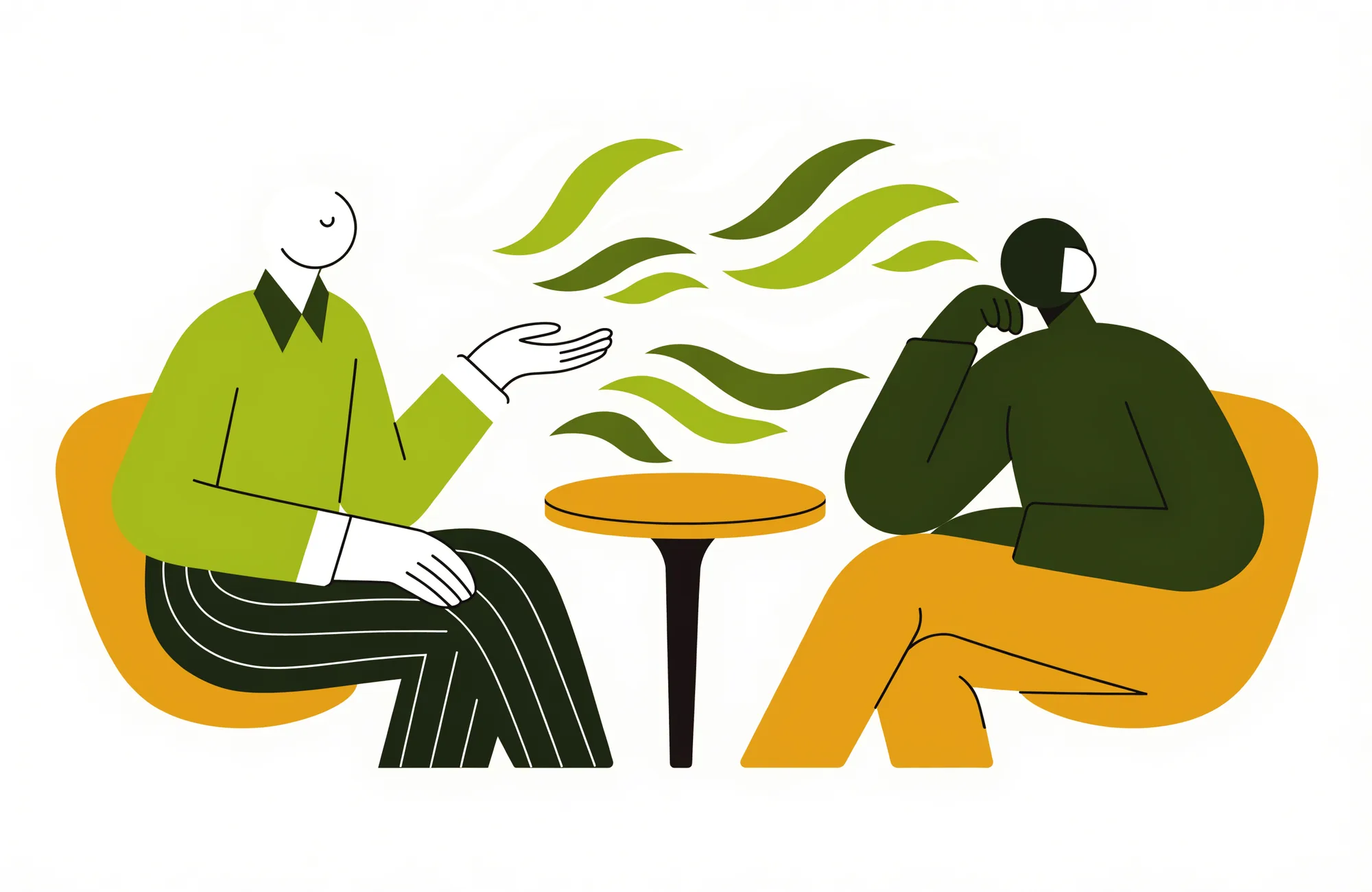Illustration of a therapist and a resident in a speech-therapy session, sound flowing between them as leaf shapes