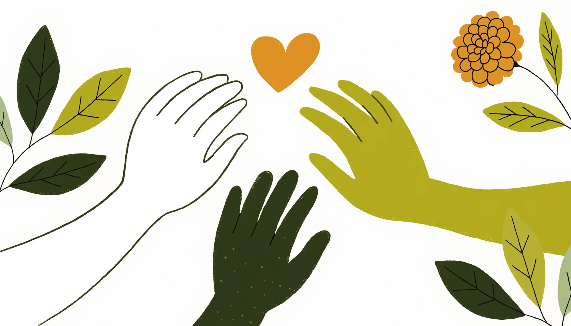 Illustration of hands of different ages reaching toward a heart