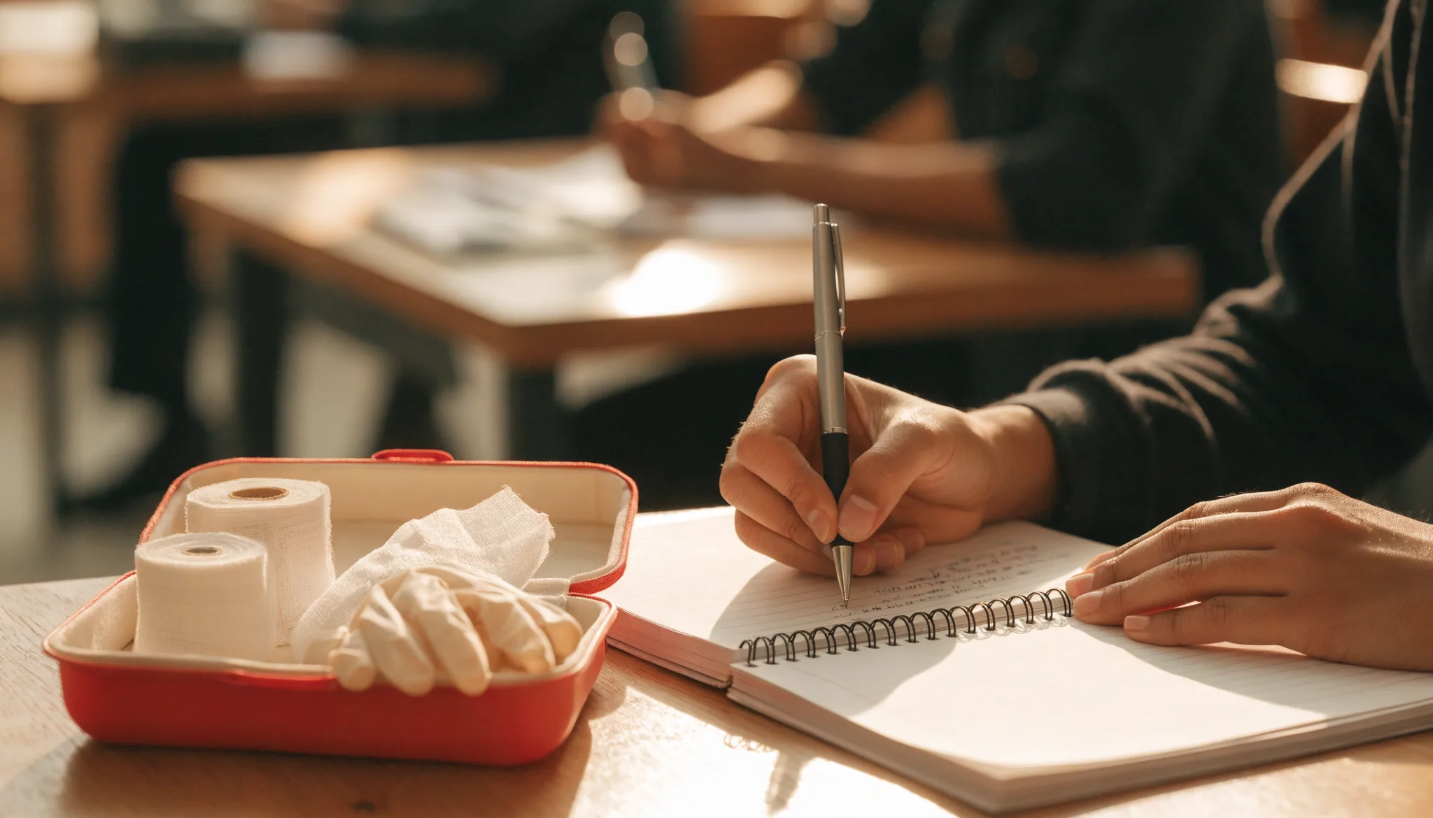 Handwritten caregiver notes beside an open first-aid practice kit on a desk