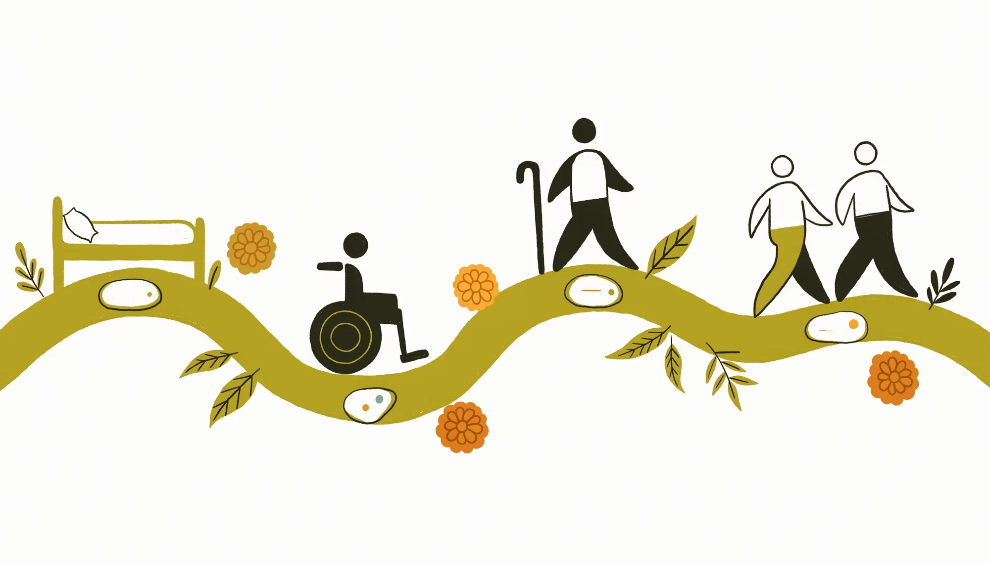 Illustration of a recovery journey winding from a hospital bed to a wheelchair, then a walking cane, then walking freely, over gentle hills